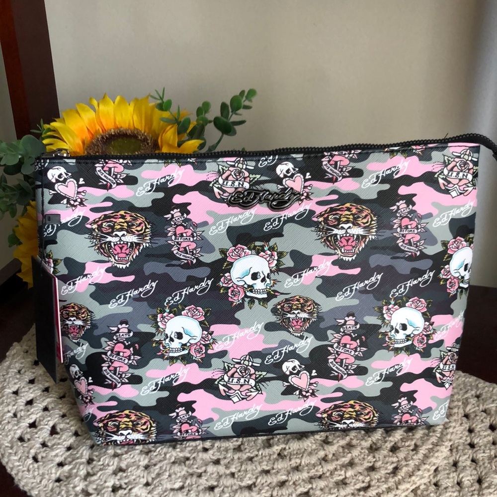 Ed Hardy Pink and Black Women's COSMETIC Case Bag